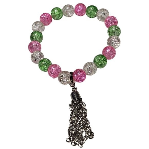 Colorful Crackle Glass Beaded Bracelet Silver Tone Chain Tassel Fashion Jewelry - Picture 1 of 4